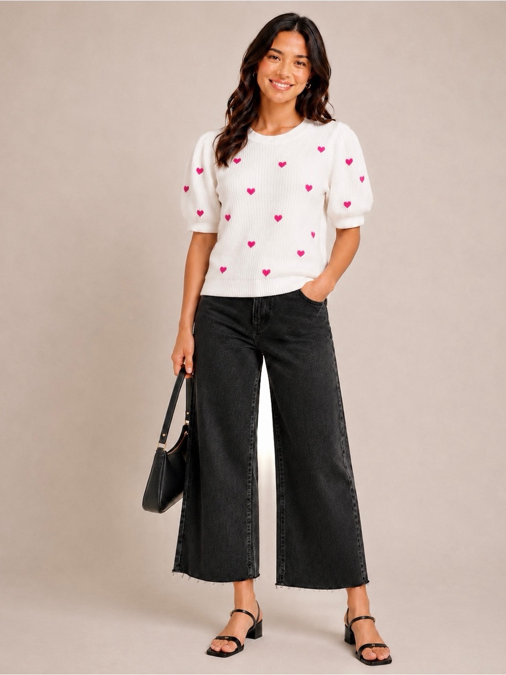 Francesca’s White Embroidered Heart Print Puff Sleeve Sweater Top | Size Medium